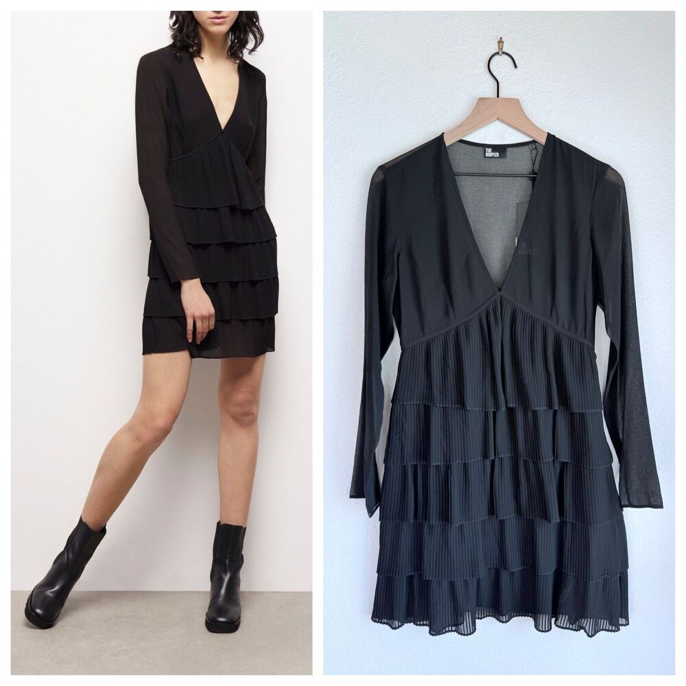 NEW The Kooples Chiffon Long Sleeve Pleated Tiered Mini Dress in Black Sz 2 US6